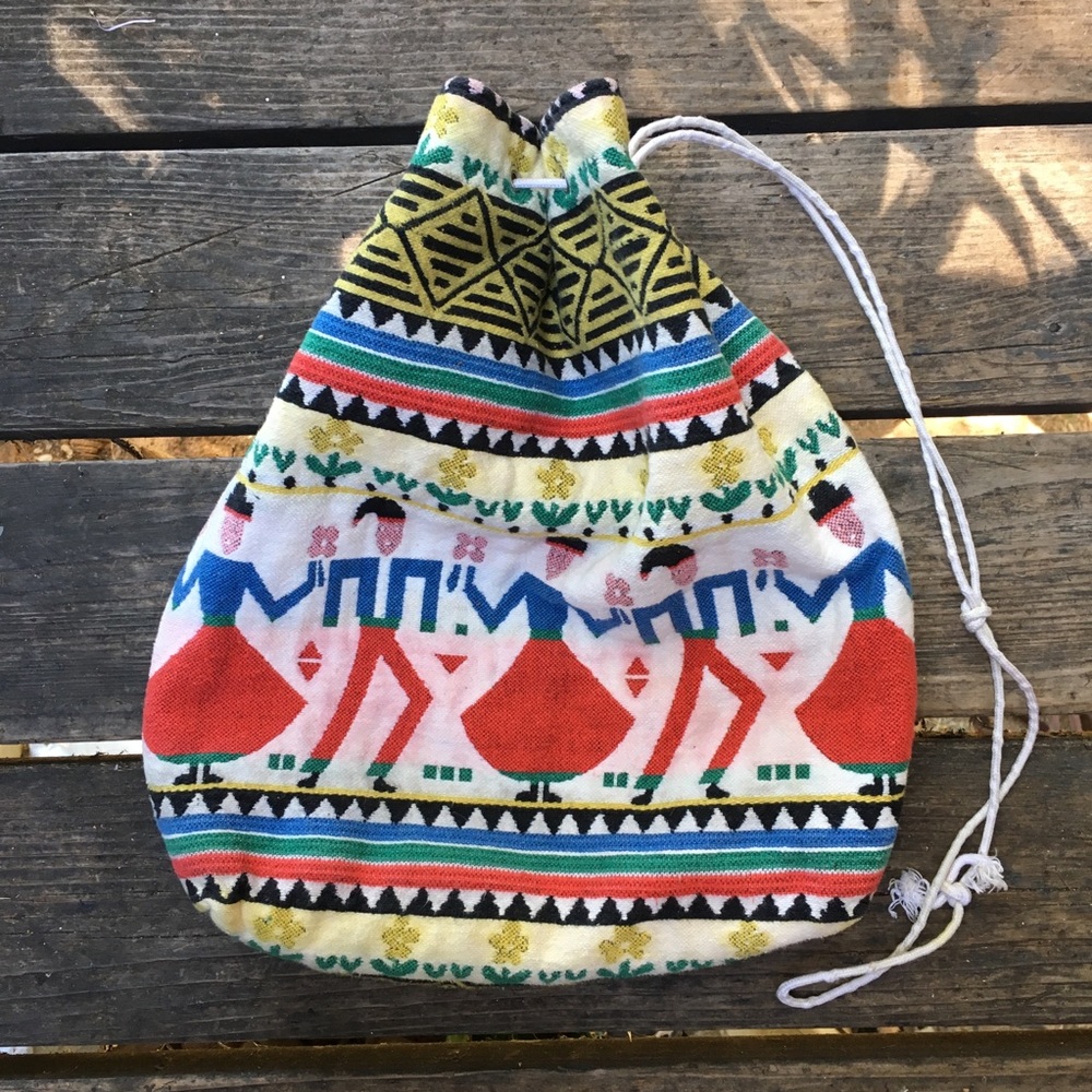 Vintage Folk Art Bucket Bag Knapsack Purse